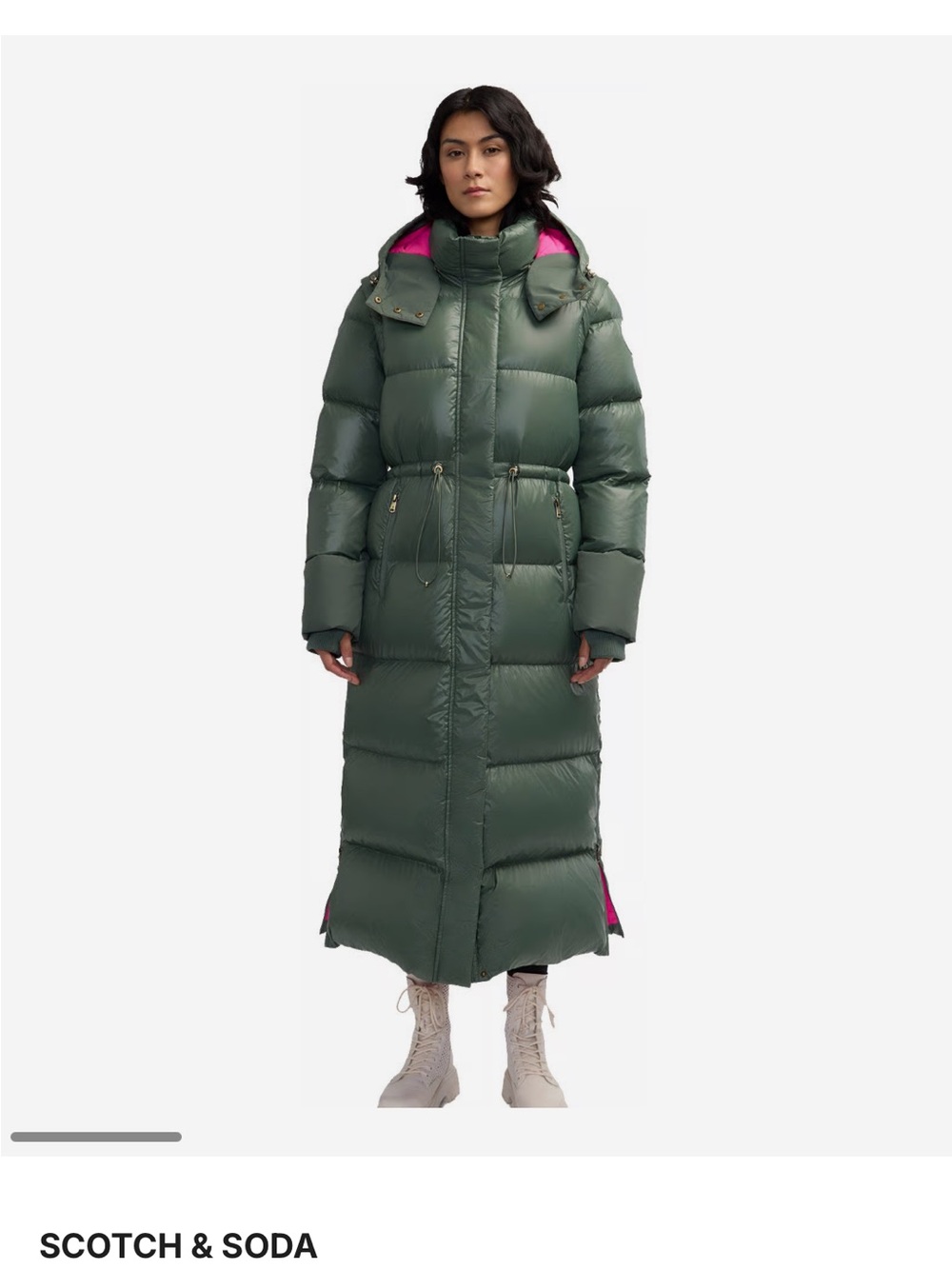 Scotch & Soda Kezia Olive Green Long Puffer Coat with Pink lining